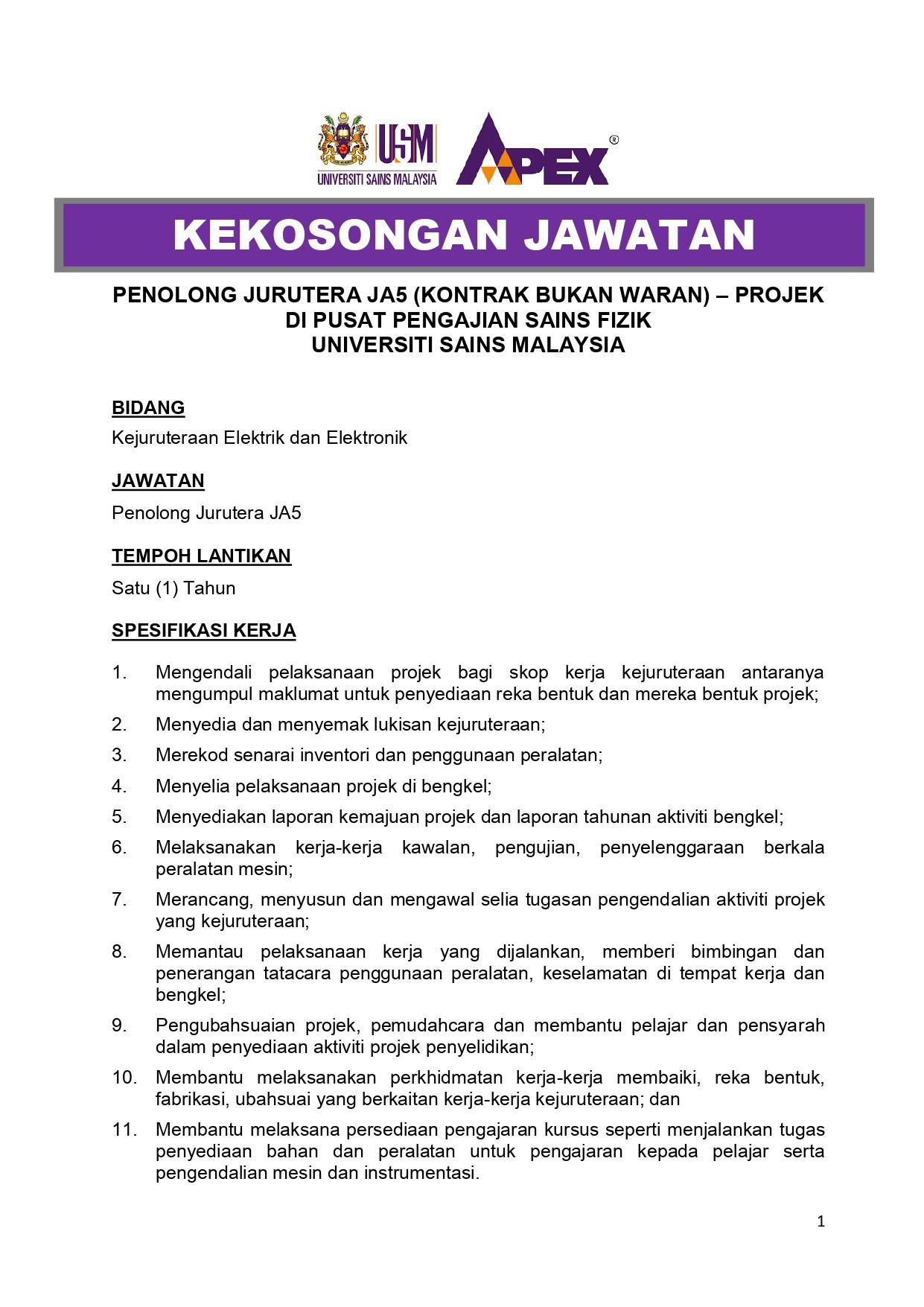 KEKOSONGAN JAWATAN PENOLONG JURUTERA JA5 KONTRAK BUKAN WARAN