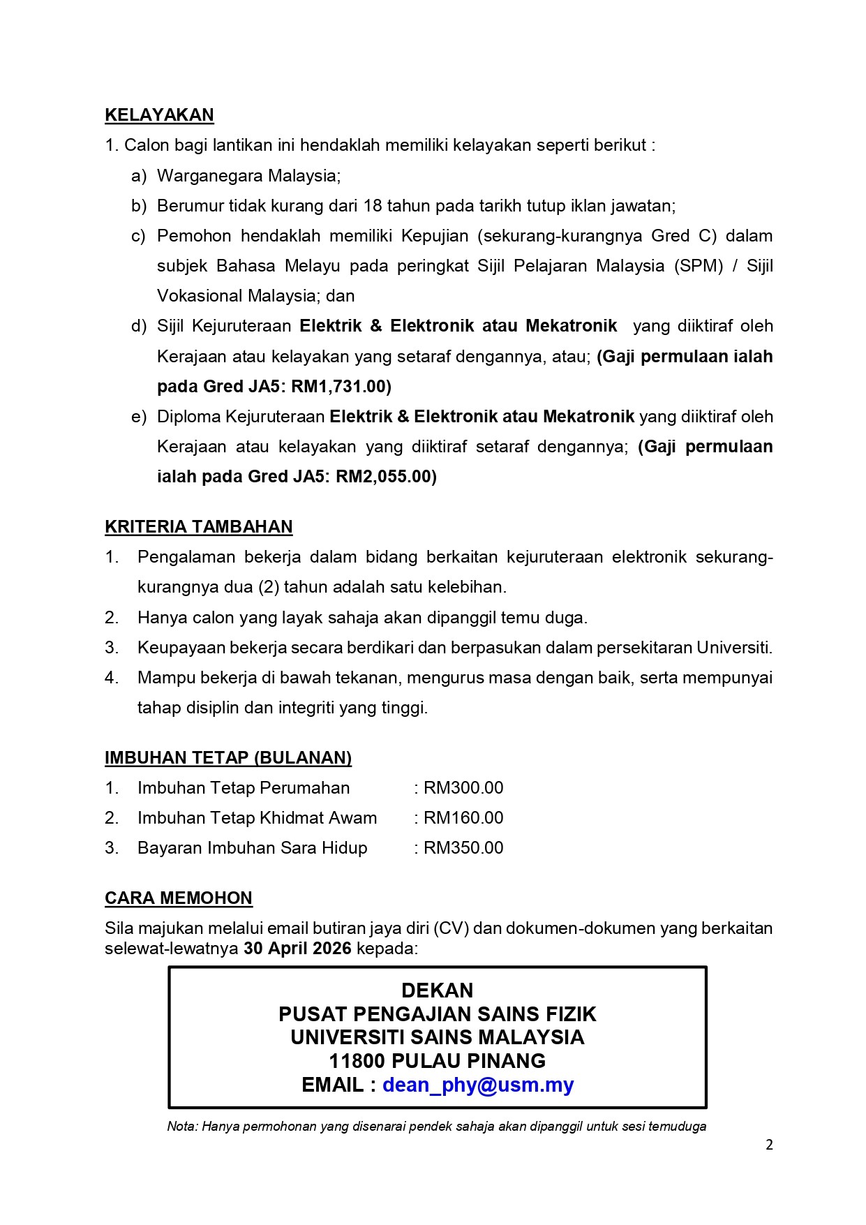 KEKOSONGAN JAWATAN PENOLONG JURUTERA JA5 KONTRAK BUKAN WARAN 2