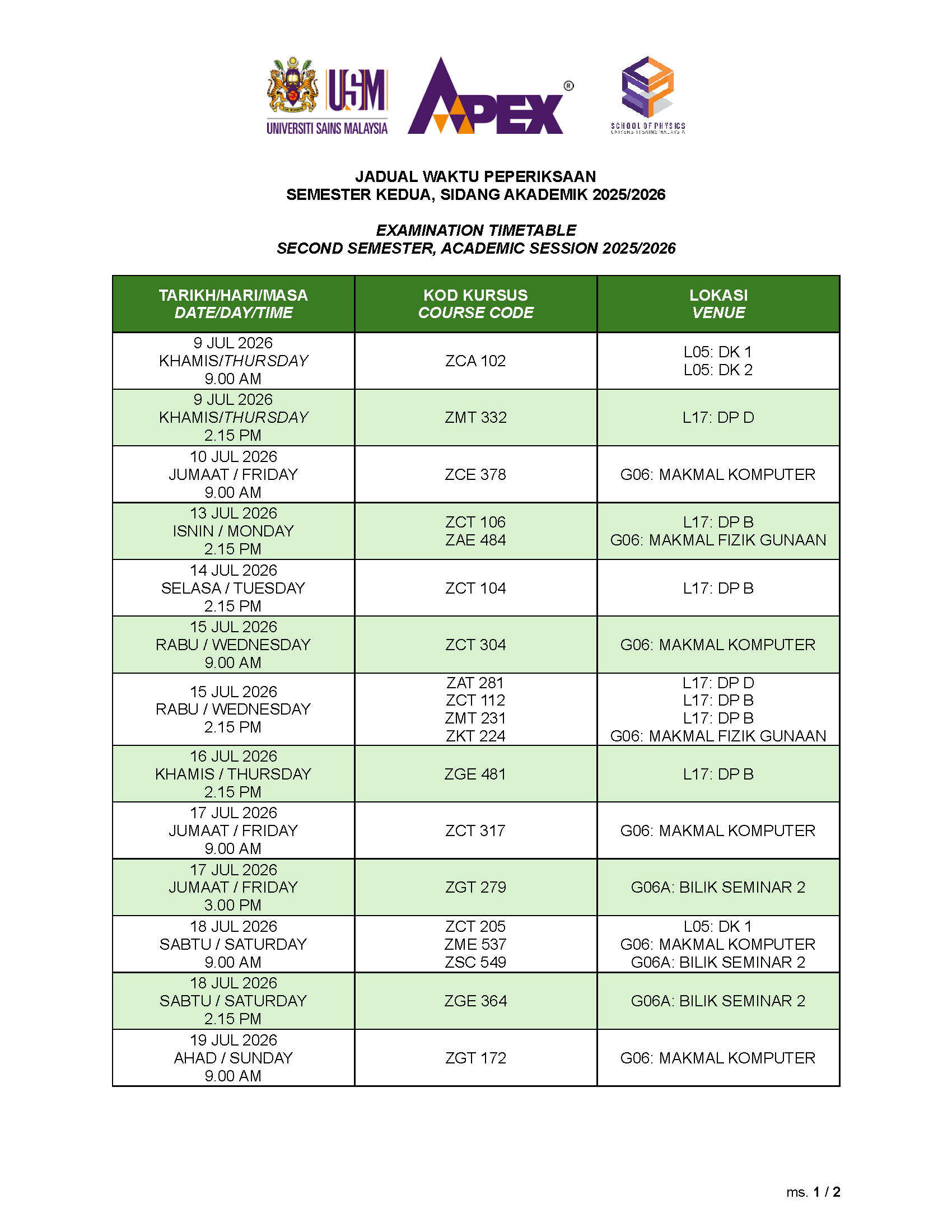 PPSF EXAM TIMETABLE SEM.220252026 Page 1